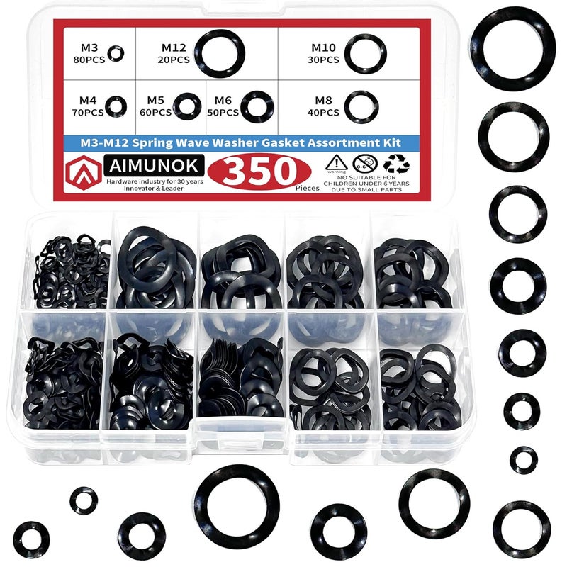 AIMUNOK 350-Piece Spring Wave Washer Gasket Assortment Kit, M3 M4 M5 M6 M8 M10 M12 Wavy Wave Crinkle Spring Washers Sets, High Carbon Steel Wave Spring Washer for Screw Bolt - Image 1